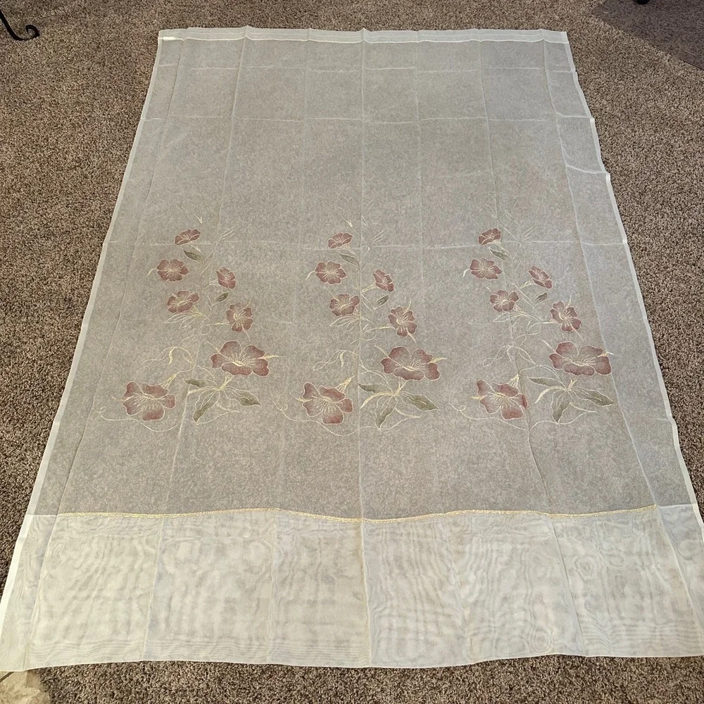 VTG‎ 2 Sheer Floral Embroidered Curtain Panels Made in Italy Gold Metallic Trim